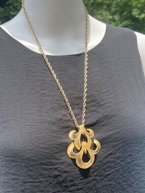 Vintage Monet Gold-Tone Statement Pendant Necklace With Textured Design & Chain